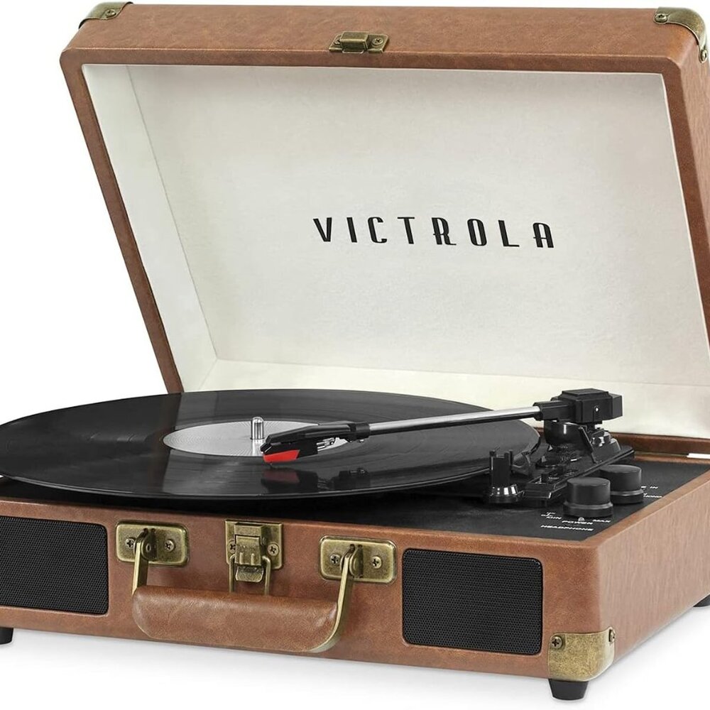 Vintage 3-Speed Bluetooth Portable Suitcase Record Player with Built-in Speakers